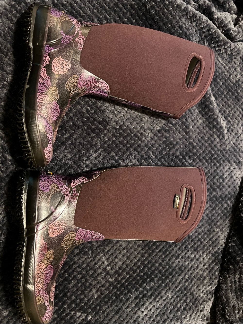 Bogs Women's Plum Mid-Calf Neoprene Rain Boots with Rose Print